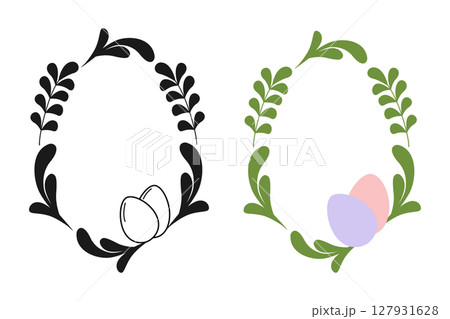 Silhouette and Colorful Twiggs and Easter Eggs Frame Borders Easter Greeting Copy space Template Set 127931628