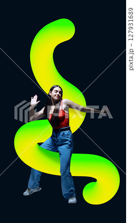 Dancer posing with glowing green 3D gradient shape in abstract composition Dancer posing with glowing green 3D gradient shape in abstract composition 127931689