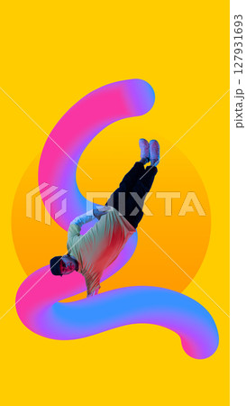 Man upside down with colorful 3D gradient shape on bright yellow background. Bold poster, flyer 127931693