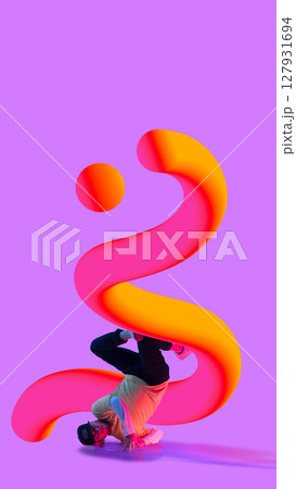 Person balancing in vibrant 3D gradient abstract shape on purple background. Identity through dance 127931694