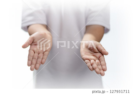 Hand, foot and mouth disease HFMD Human hand of scarlet fever in coxsackievirus palmarosa virus and child hand on white background Hand, foot and mouth disease HFMD Human hand of scarlet fever in coxsackievirus palmarosa virus and child hand on white background 127931711