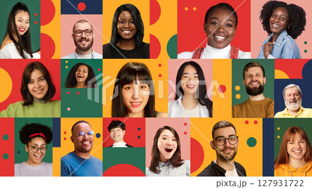 Portrait collage. Group of diverse people smiling and laughing. Marketing and advertising campaigns Portrait collage. Group of diverse people smiling and laughing. Marketing and advertising campaigns 127931722