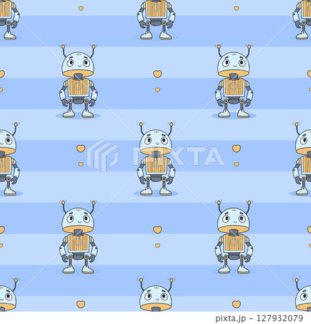 Seamless pattern Futuristic cute Robot on striped blue background. Virtual Technology funny cartoon Assistant. Vector illustration. Kids collection. Not AI Seamless pattern Futuristic cute Robot on striped blue background. Virtual Technology funny cartoon Assistant. Vector illustration. Kids collection. Not AI 127932079