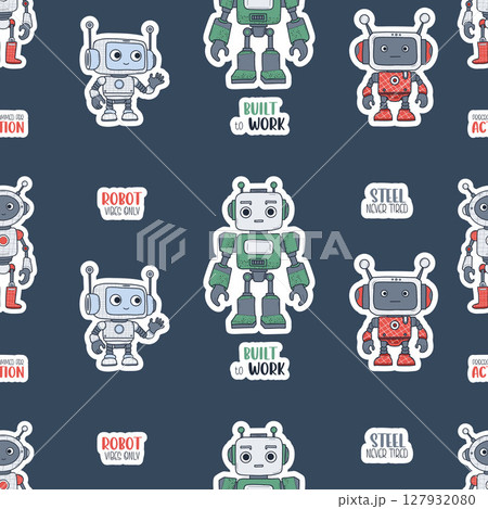 Seamless pattern Futuristic cute Robots Sticker on dark gray background with cool phrases. Virtual Technology funny cartoon Assistant. Vector illustration. Kids collection. Not AI Seamless pattern Futuristic cute Robots Sticker on dark gray background with cool phrases. Virtual Technology funny cartoon Assistant. Vector illustration. Kids collection. Not AI 127932080