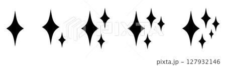 Black Diamond Sparkle Icons Set. Hand Drawn Minimalist Twinkle Symbols for Magical Shine, Glossy Effect, Light Flash, Clean UI Decoration, and Cosmic Star Graphic Elements. 127932146