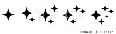Glossy Sparkle Star Icons Set. Vector Minimal Black Diamond Twinkle Symbols for Shiny Effects, Magical Light, Cosmic Stars, UI Elements, Celestial Decorations, and Clean Graphic Design. 127932147