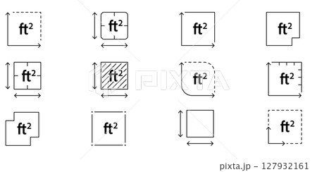 Floor area symbol in square feet with FT2 sign. Linear vector icon for measuring land, rooms, or property dimensions in feet 127932161