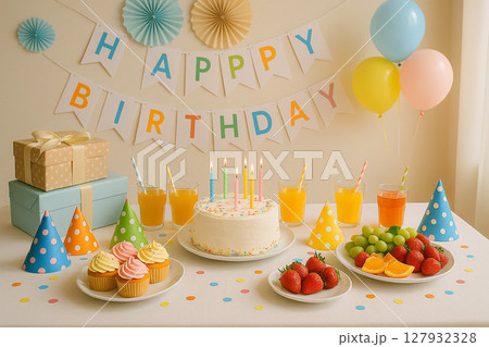 誕生日パーティーのカラフルなテーブル 誕生日パーティーのカラフルなテーブル 127932328