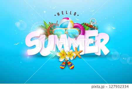Hello Summer Holiday Banner Design with Flower, 3d Text Label and Colorful Beach Elements on Ocean Blue Background. Vector Tropical Typography Lettering Illustration with Beach Ball, Sunglasses and 127932334