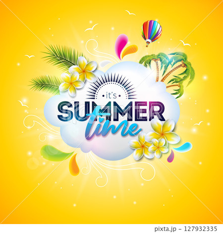 Hello Summer Holiday Banner Design with Flower, Cloud and Text Label on Sun Yellow Background. Vector Tropical Vacation Illustration with Colorful Beach Elements, Air Balloon and Palm Leaves for Flyer Hello Summer Holiday Banner Design with Flower, Cloud and Text Label on Sun Yellow Background. Vector Tropical Vacation Illustration with Colorful Beach Elements, Air Balloon and Palm Leaves for Flyer 127932335