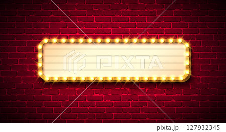Retro Signboard Lightbox Banner Design with Glowing Light Bulb Frame Billboard on Vintage Brick Wall Background. Vector Customizable Marquee Sign Illustration for Casino Advertising, Theater Show 127932345