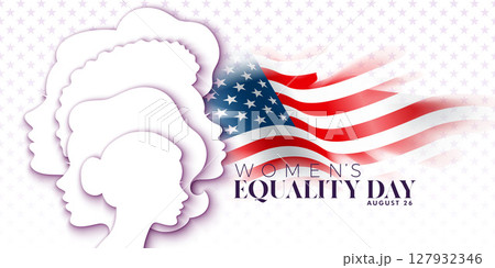 Women's Equality Day Banner Design. August 26 National Female Holiday in United States. USA Celebration Template with Woman Face Silhouette on Clean Background for Flyer, Greeting Card, Web Banner 127932346