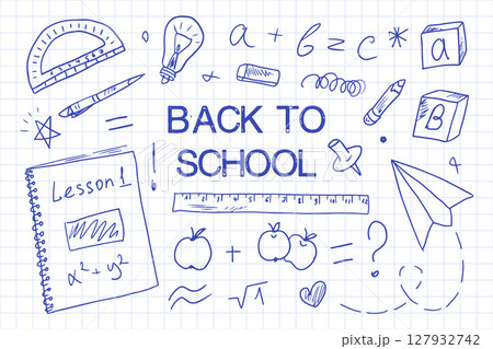 Banner Welcome Back to school. Doodle style school supplies drawn with a pen on a checkered paper page. Horizontal poster with text space, background with school supplies in vector Banner Welcome Back to school. Doodle style school supplies drawn with a pen on a checkered paper page. Horizontal poster with text space, background with school supplies in vector 127932742