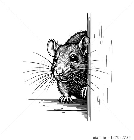 Vector of black and white illustration of a cute rat peeking around a corner. 127932785