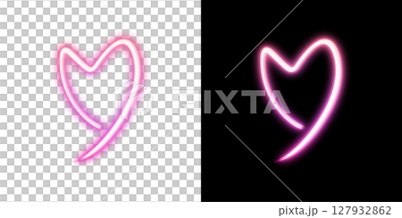 Pink neon heart painted on transparent and black background 127932862