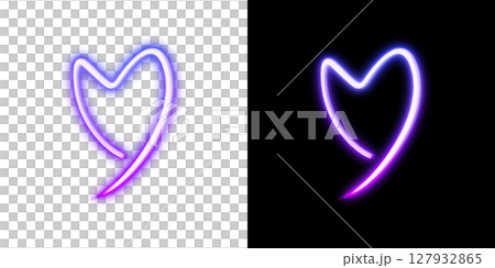 Purple and blue neon hearts painted on transparent and black backgrounds 127932865