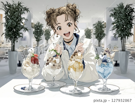 新作スイーツをすべて注文して大喜びの女性のイラスト素材 127932867