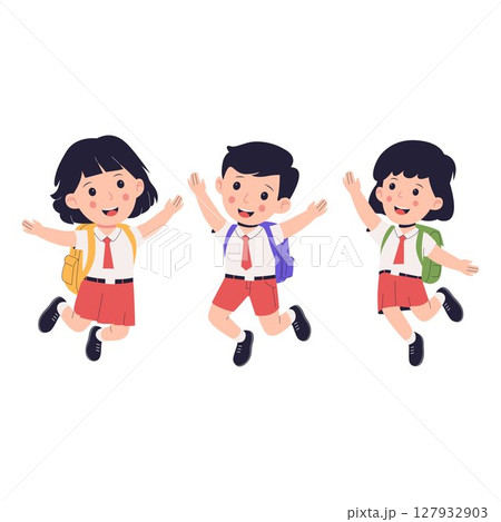 Happy Elementary School Students Jumping with Backpacks 127932903