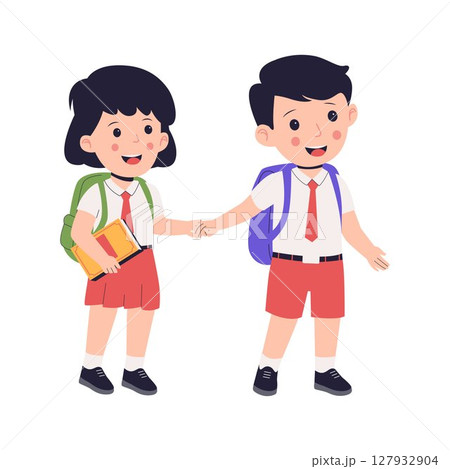 Flat Vector Illustration of Two School Students Holding Hands and Smiling in Uniform 127932904