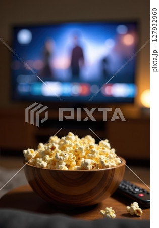 Wooden bowl of popcorn placed on a table, with a remote control and a large television playing a movie in the background, offering a cozy home cinema experience Wooden bowl of popcorn placed on a table, with a remote control and a large television playing a movie in the background, offering a cozy home cinema experience 127932960