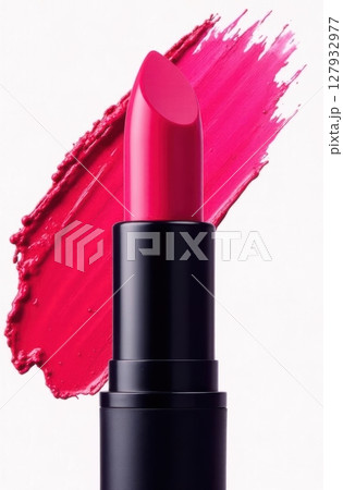 Pink lipstick showing its creamy texture on white background 127932977