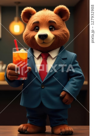 Smiling bear businessman holding cocktail in office bar Smiling bear businessman holding cocktail in office bar 127932988