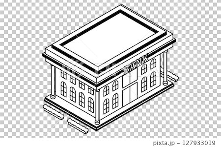 公共サービス系の建物、銀行のシンプルな線画アイソメトリックイラスト、白黒 127933019
