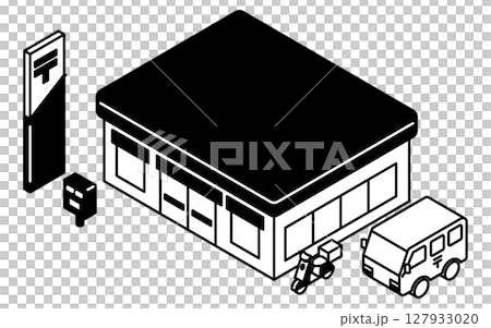 公共服務建築，簡單的線條藝術等距插圖，帶有郵箱和送貨車的郵局，黑白 127933020