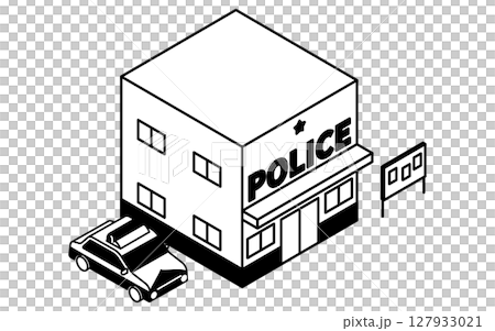 公共サービス系の建物、パトカーと交番のシンプルな線画アイソメトリックイラスト、白黒 公共サービス系の建物、パトカーと交番のシンプルな線画アイソメトリックイラスト、白黒 127933021