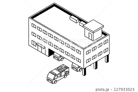 公共サービス系の建物、消防車と消防署のシンプルな線画アイソメトリックイラスト、白黒 公共サービス系の建物、消防車と消防署のシンプルな線画アイソメトリックイラスト、白黒 127933023