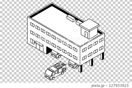 Public service buildings, fire engine and fire station simple line drawing isometric illustration, black and white 127933023