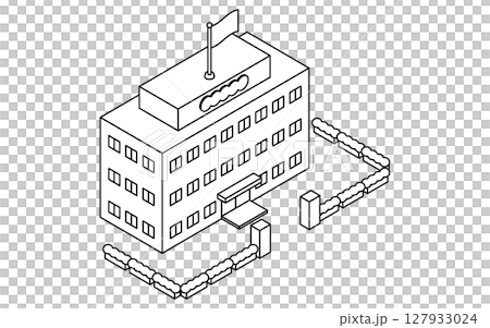 公共サービス系の建物、国旗掲揚している役所のシンプルな線画アイソメトリックイラスト、白黒 127933024