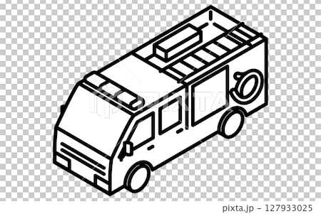 消防車のシンプルな線画アイソメトリックイラスト、白黒 消防車のシンプルな線画アイソメトリックイラスト、白黒 127933025