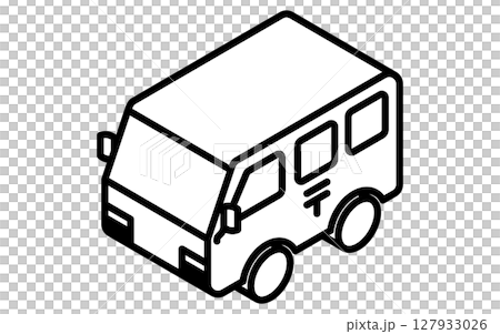 郵局送貨車輛的簡單線條藝術等距插圖，黑色和白色 127933026