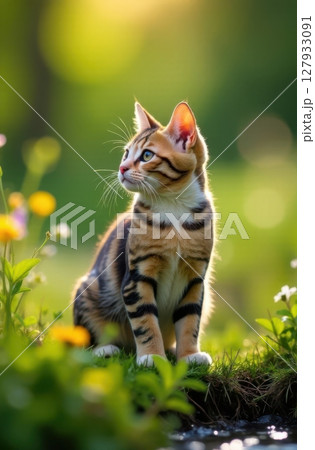 Cute kitten exploring nature near a pond in a sunny garden 127933091