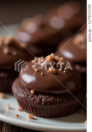 Delicious chocolate cupcakes covered with chocolate cream and sprinkles Delicious chocolate cupcakes covered with chocolate cream and sprinkles 127933109