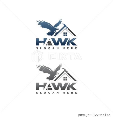 House Repairation or maintenance logo symbol with Hawk holding hammer 127933172