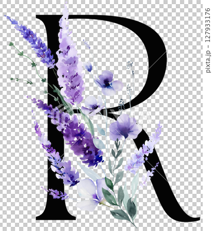 Black letter R with watercolor purple lavender flowers, summer floral wedding isolated monogram 127933176