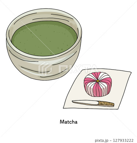 抹茶と練り切りの線画　手描きのイラスト 127933222