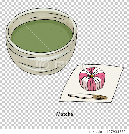 抹茶と練り切りの線画　手描きのイラスト 127933222