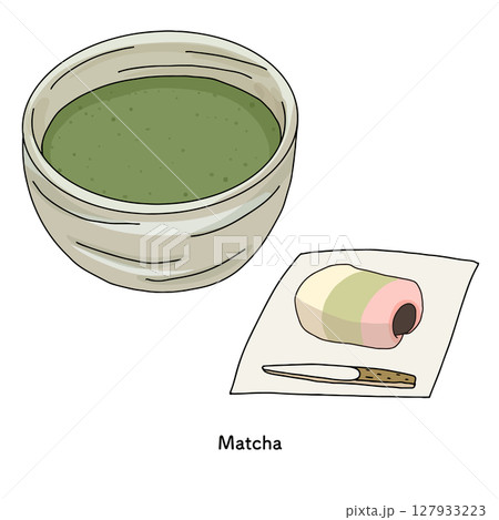 抹茶と練り切りの線画　手描きのイラスト 127933223