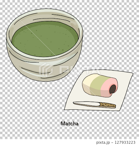 抹茶和練切線描手繪插圖 抹茶和練切線描手繪插圖 127933223