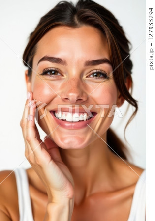 Beautiful smiling woman touching her face showing perfect white teeth Beautiful smiling woman touching her face showing perfect white teeth 127933294