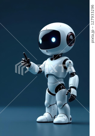 White friendly robot pointing with finger on dark blue background 127933296
