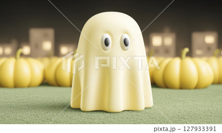Cute ghost figure stands among pumpkins on grassy field, with cityscape in background 127933391