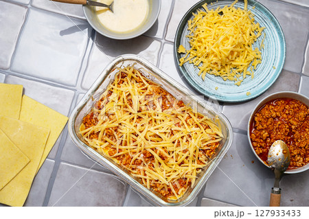 Lasagna Preparation Process. Cooking Homemade Delicious Italian Meal. Food Ingredients Layout. 127933433