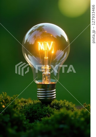 Light bulb with mv symbol growing on moss symbolizing minimum viable product 127933466