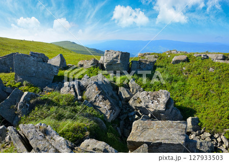 rocks on alps in carpathian mountains. wonderful travel landscape in summer. scenic view with sandstone among grass on the hill. alpine scenery of ukraine on a sunny day with blue sky and clouds rocks on alps in carpathian mountains. wonderful travel landscape in summer. scenic view with sandstone among grass on the hill. alpine scenery of ukraine on a sunny day with blue sky and clouds 127933503