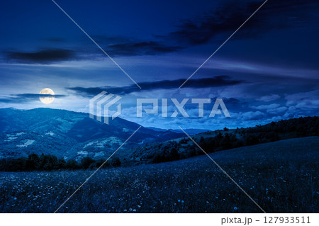 mountain landscape with wide meadow in summer at night. sky with dark clouds. grass on the pasture rolling through hills in countryside scenery to distant alpine valley in full moon light mountain landscape with wide meadow in summer at night. sky with dark clouds. grass on the pasture rolling through hills in countryside scenery to distant alpine valley in full moon light 127933511