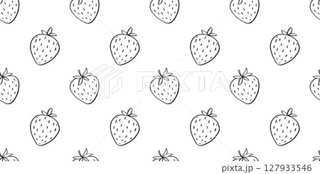 Seamless pattern with strawberry vector doodle illustration on white, berry outline sketch, hand drawn icon of summer food and flowers 127933546